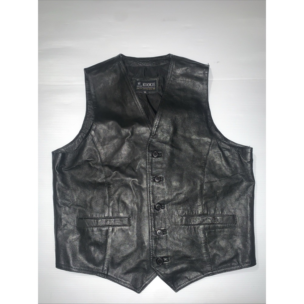 VTG 90's Kookie Men's XL Motorcycle Vest Black Leather Button Biker Grunge Retro